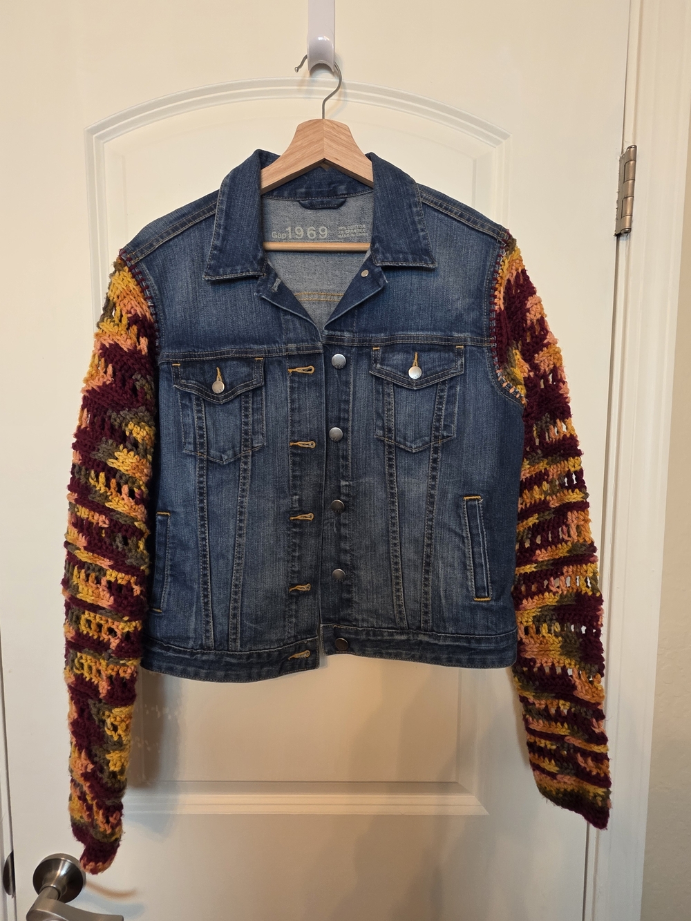 GAP Denim Jacket with Burgundy, Mustard & Olive Crochet Sleeves